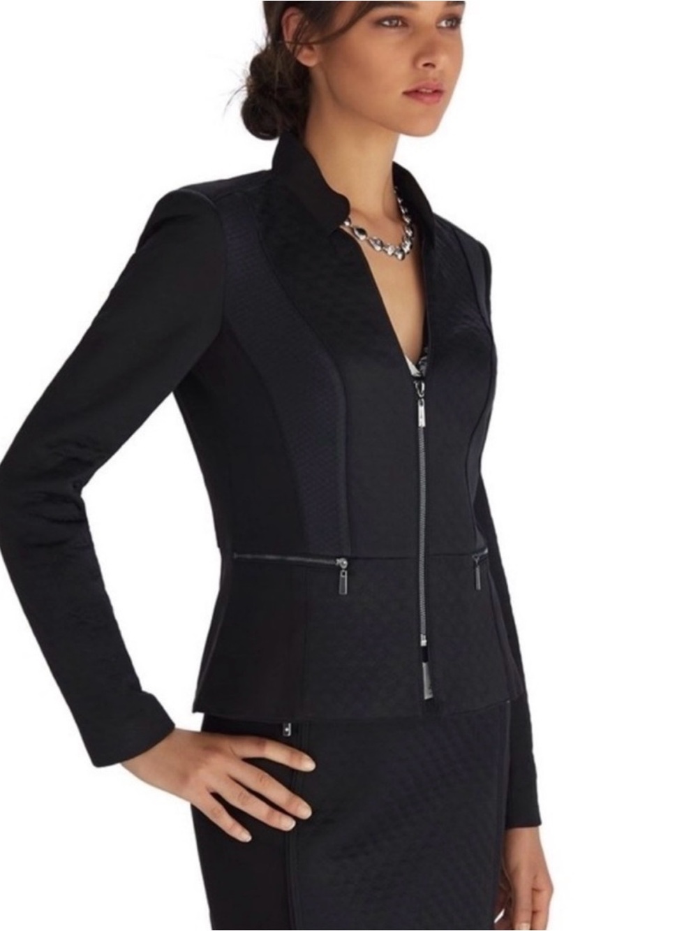 White House Black Market Black Quilted Ponte Zip-Blazer & Pencil Skirt Set